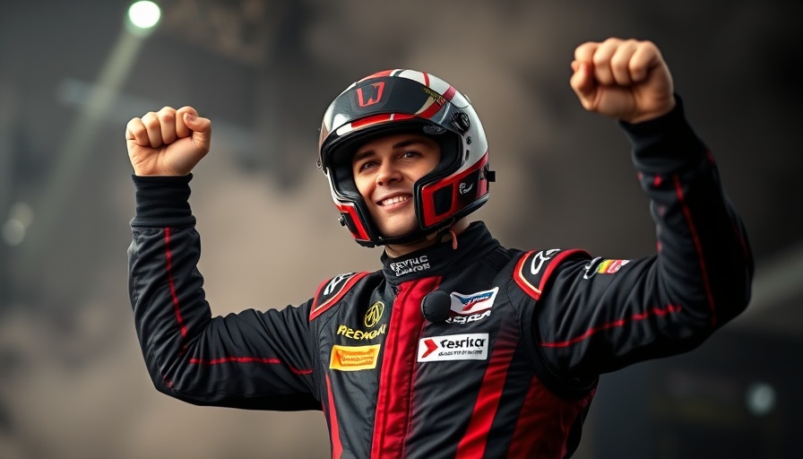Racing driver celebrating victory at NASCAR event, vibrant colors.