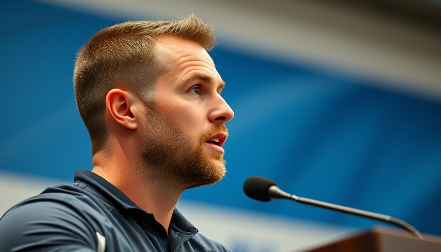 Press conference speaker discusses sports news indoors.