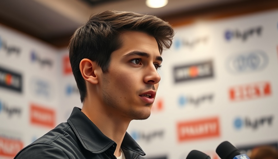 Press conference with young man speaking, branded backdrop.