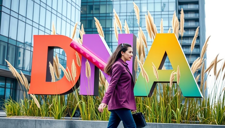 Modern DNA testing company sign with woman walking by, health and wellness theme.