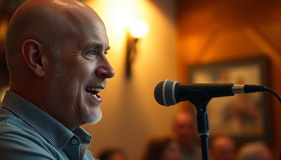Man speaking into microphone, warm indoor setting
