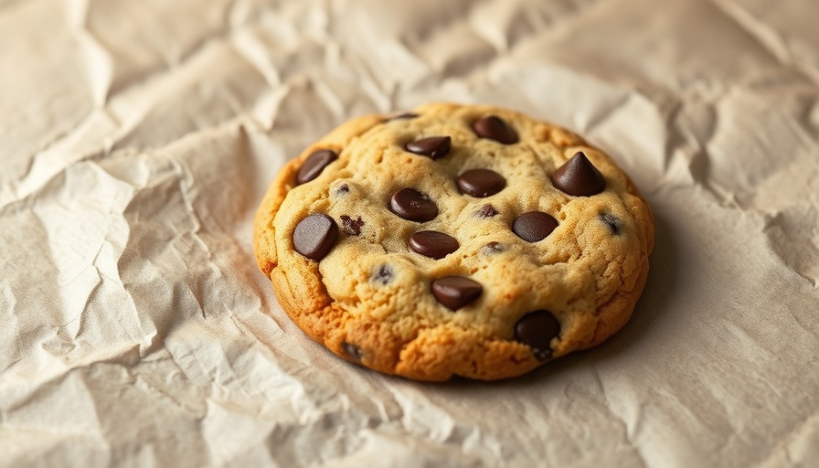 Appetizing chocolate chip cookie on parchment, small portions of desired foods.