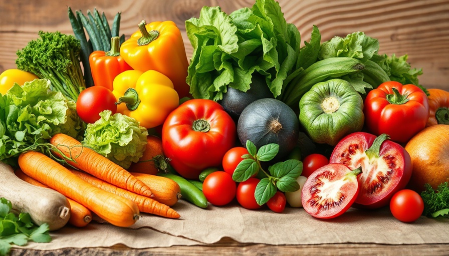 Colorful fresh produce for gut health support on a wooden table