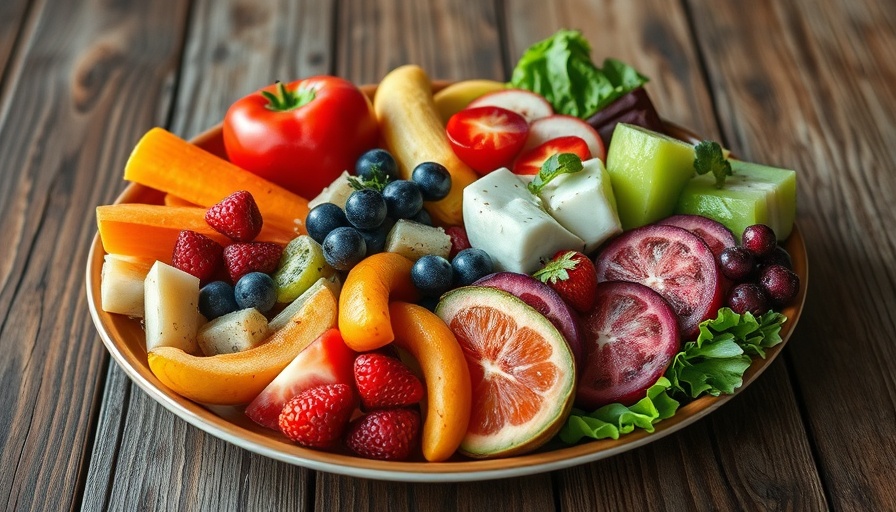 Colorful healthy foods creatively arranged with craved item for weight loss.
