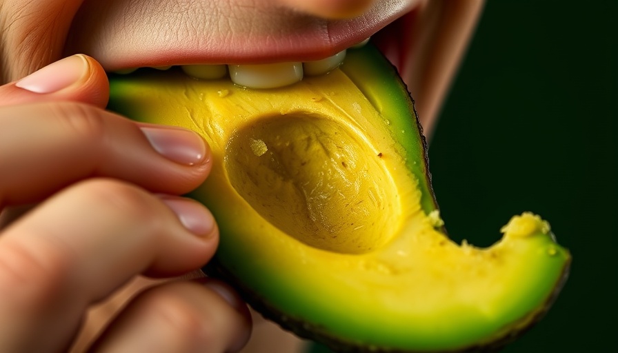 Close-up image of a person eating avocado, showing vibrant texture.