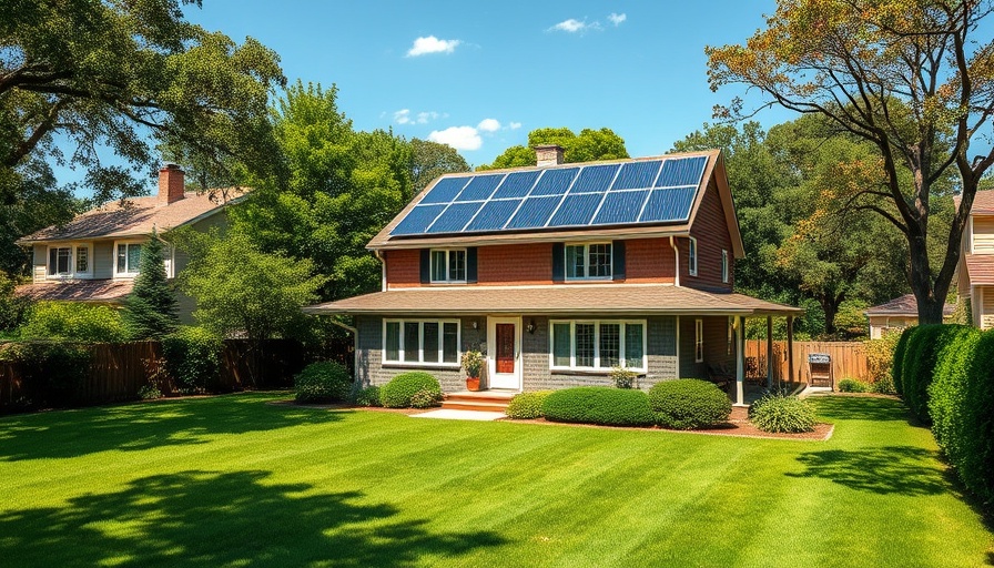 Eco-friendly house in Frisco with solar panels and a green yard.
