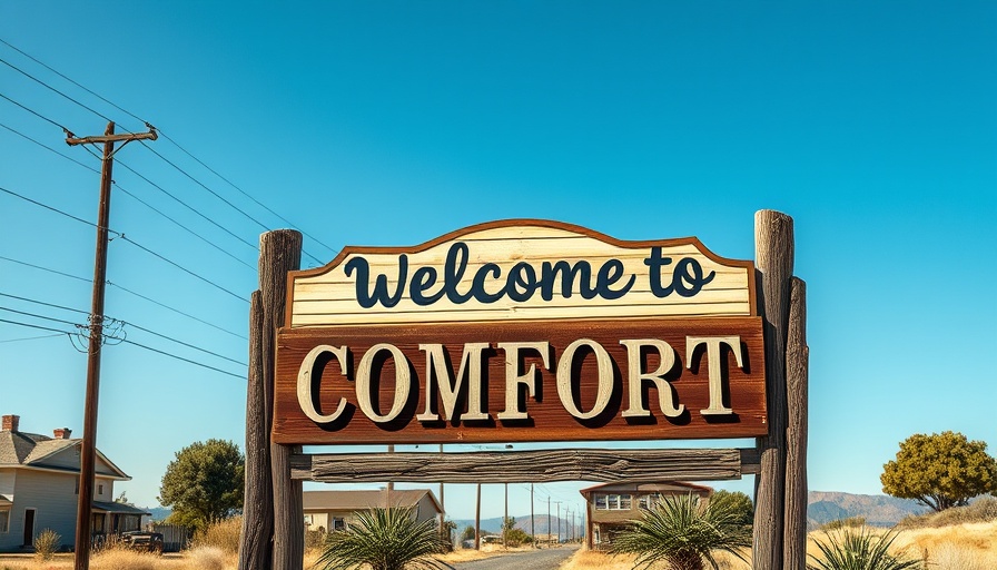 Rustic town sign of Comfort against blue sky.
