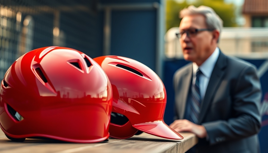 Red and black baseball helmets next to a speaker discussing sports.