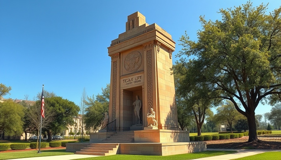 Texas Life Monument in a landscaped park, historical statue.