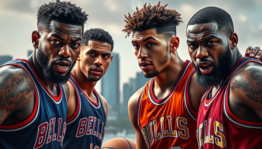 Intense NBA playoffs player confrontation, vibrant urban backdrop.