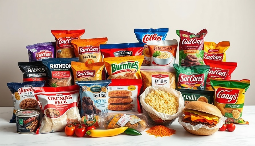 Collection of ultra-processed foods with vibrant packaging.