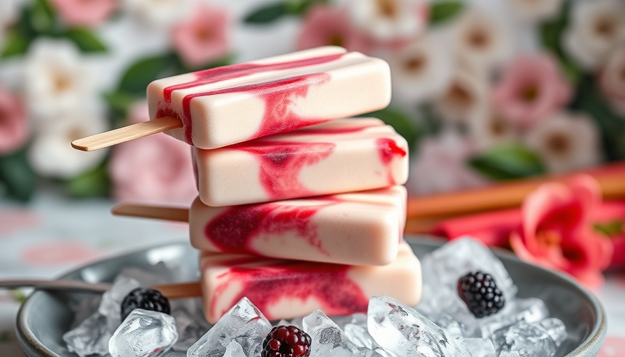Honey rhubarb yogurt ice pops stacked on ice with berry swirls