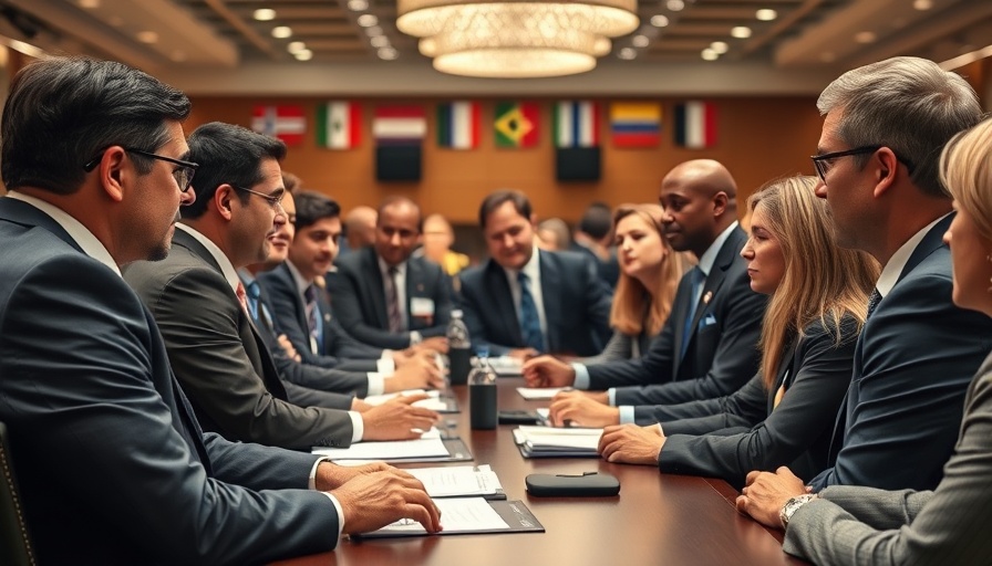 Delegates discuss global health in an international meeting setting.