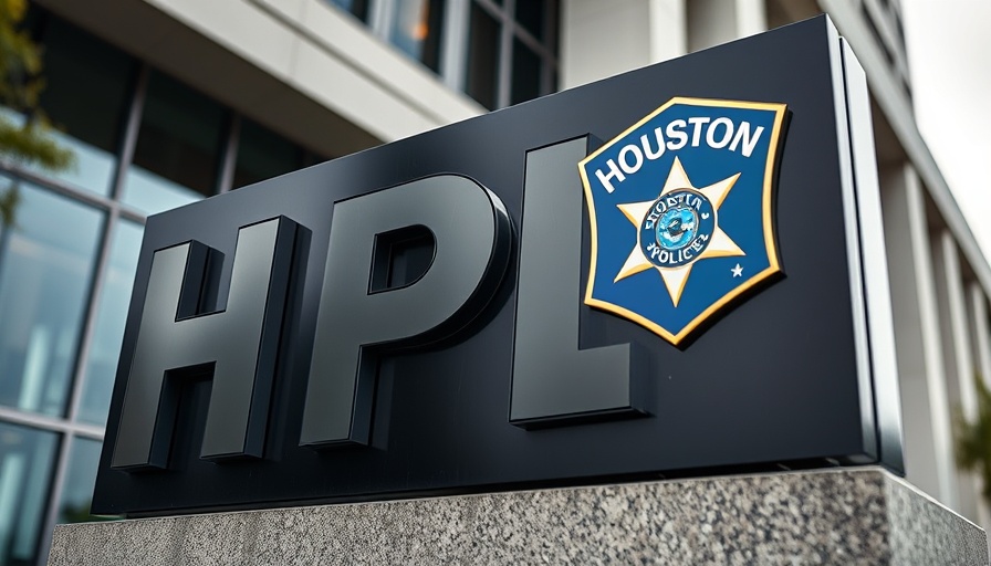 A sign reading 'HPD' with the Houston Police emblem on a building.