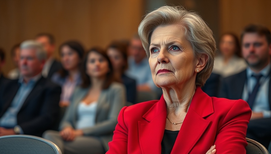 Serious woman in red blazer at conference on education control