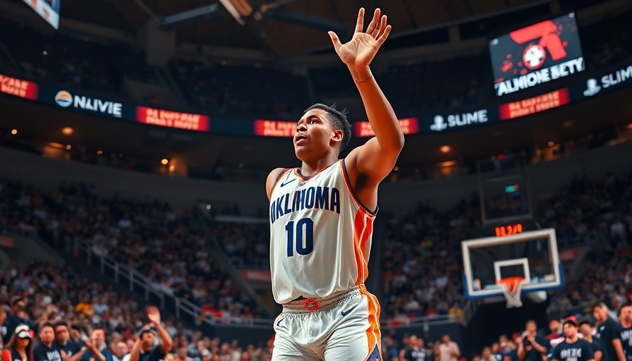 Shai Gilgeous-Alexander in Oklahoma City jersey raises hand amid cheering fans.