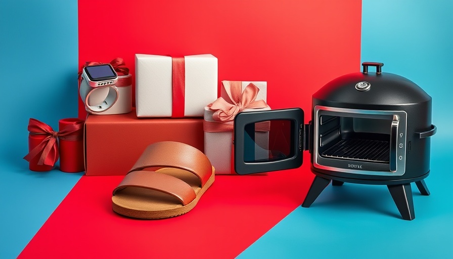 Stylish gift ideas for Dad featuring tech ring, sandals, and oven.