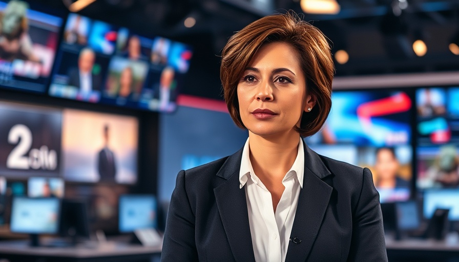 Professional anchorwoman reporting in modern studio, CIA disguise technology in Mission Impossible context.