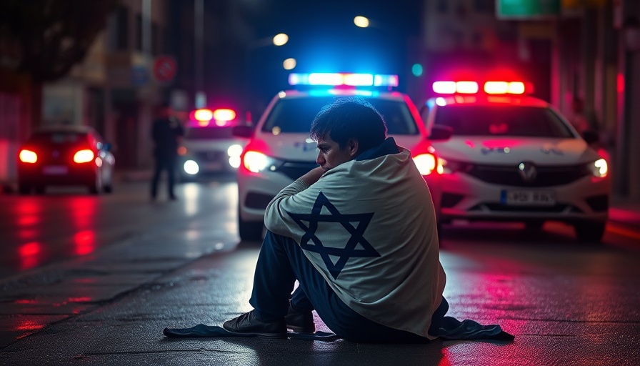 Israeli flag draped individual near police car at night.