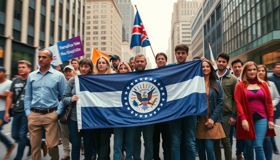 Diverse group stands united holding federal union rights flag.