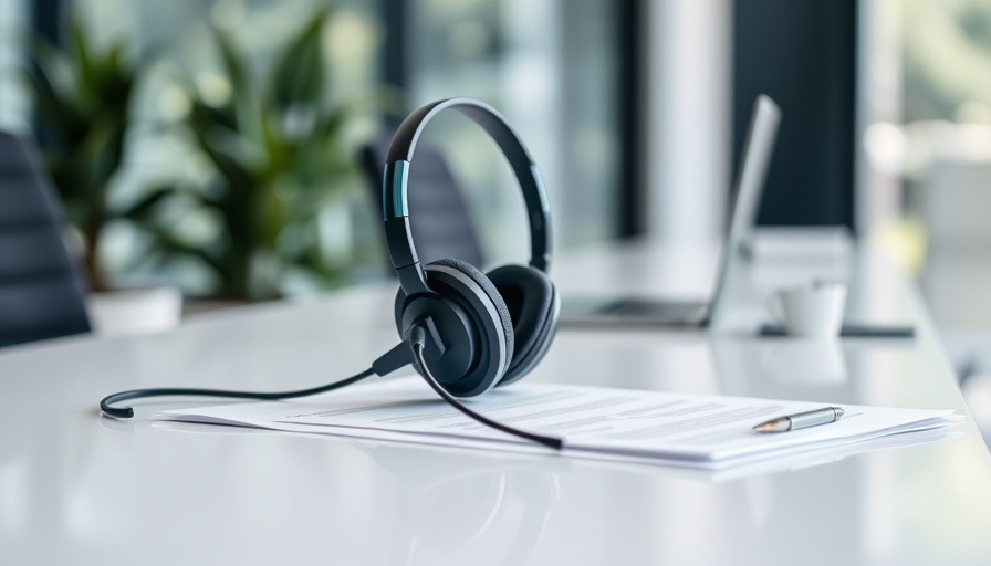Modern healthcare call center setup with headset on desk.