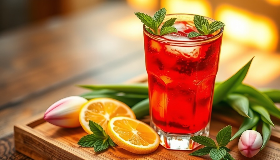 Refreshing red mint beverage with lemon and tulips; health and wellness.