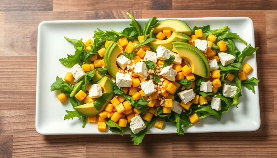 Fresh roasted corn, avocado & feta salad on a white platter.