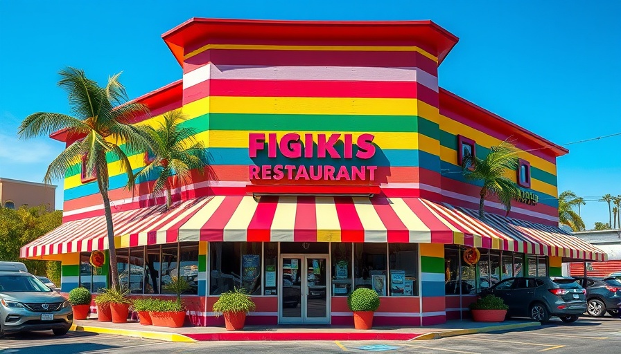 Vibrant striped restaurant in Port Aransas known for tropical decor