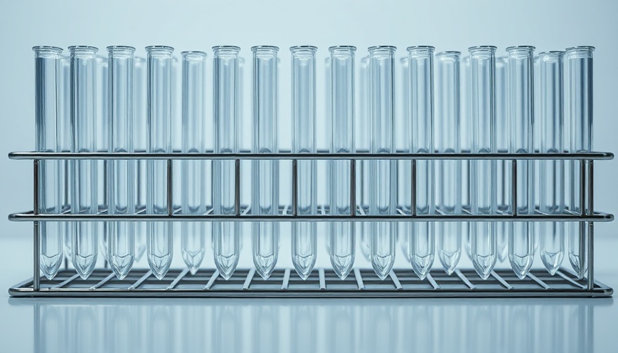 Five test tubes in a rack reflecting on a surface, related to Lp(a) cholesterol testing.