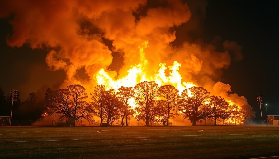 San Antonio local news reports on fire blazing behind trees at night.