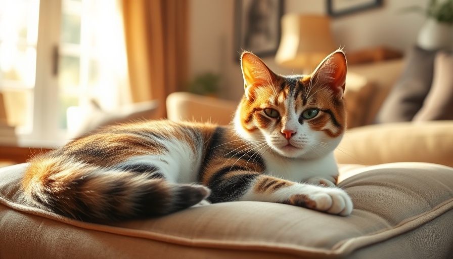 Calico cat Abigail lounging for adoption