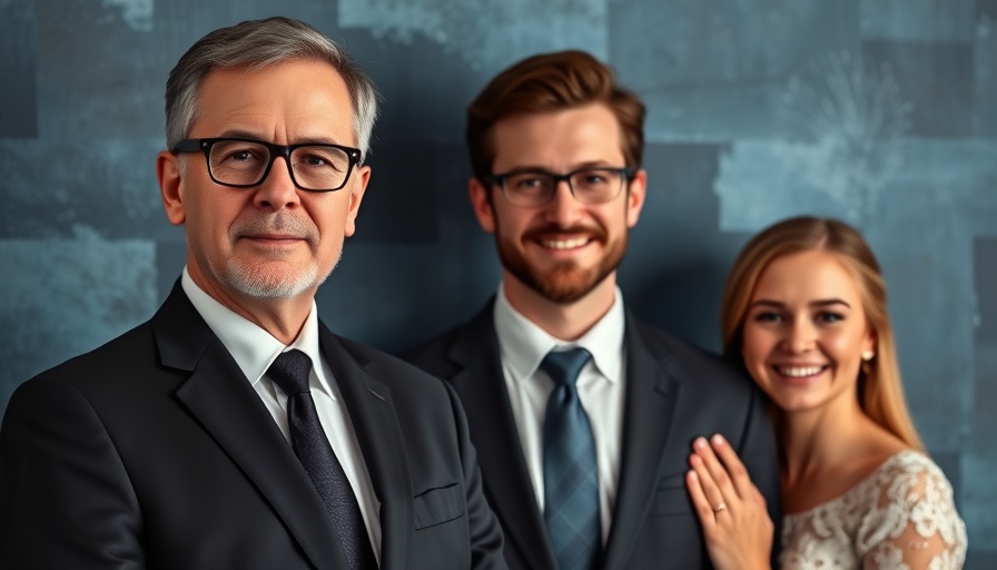 Serious man with glasses alongside a smiling couple at formal event.