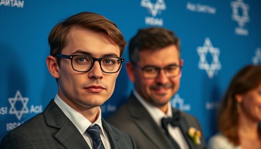 Composite image of young man in glasses with couple at Israeli event backdrop.