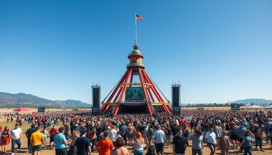 Music festival crowd near colorful tower.