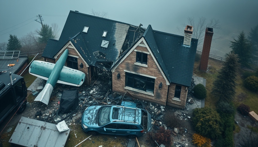 Aerial view of house damaged by plane crash in San Diego.