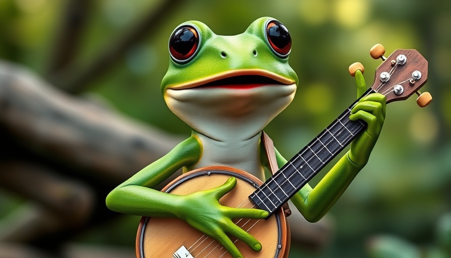 Kermit the Frog performing with a banjo outdoors.