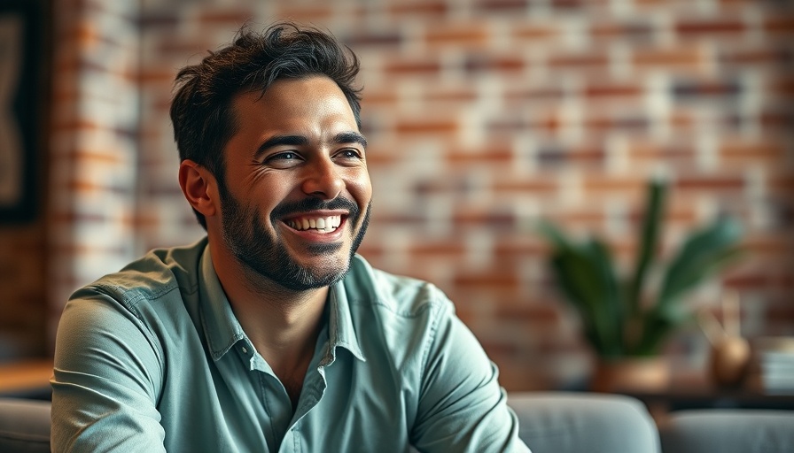 Smiling man in green shirt against brick wall, warm indoor setting.