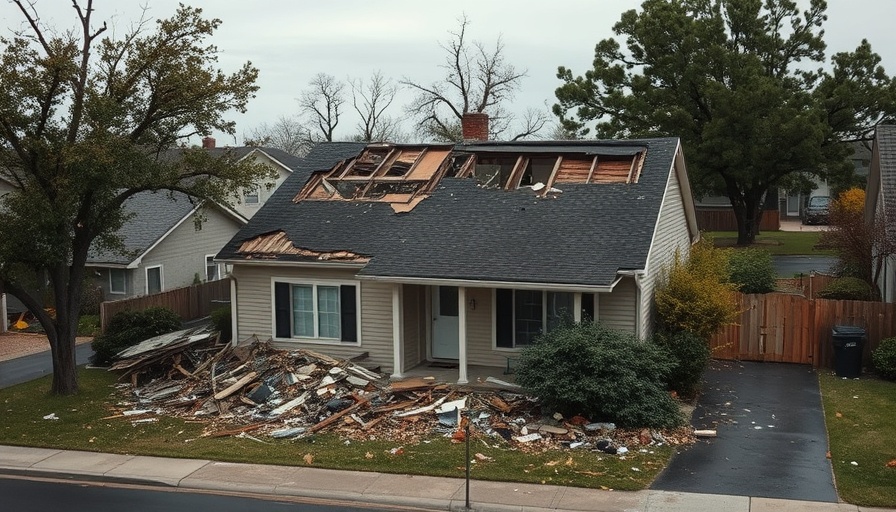 Tornado recovery in St. Louis: damaged house with debris and torn roof.