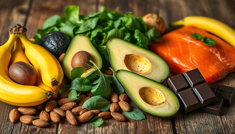 Assortment of foods rich in magnesium on wooden table.