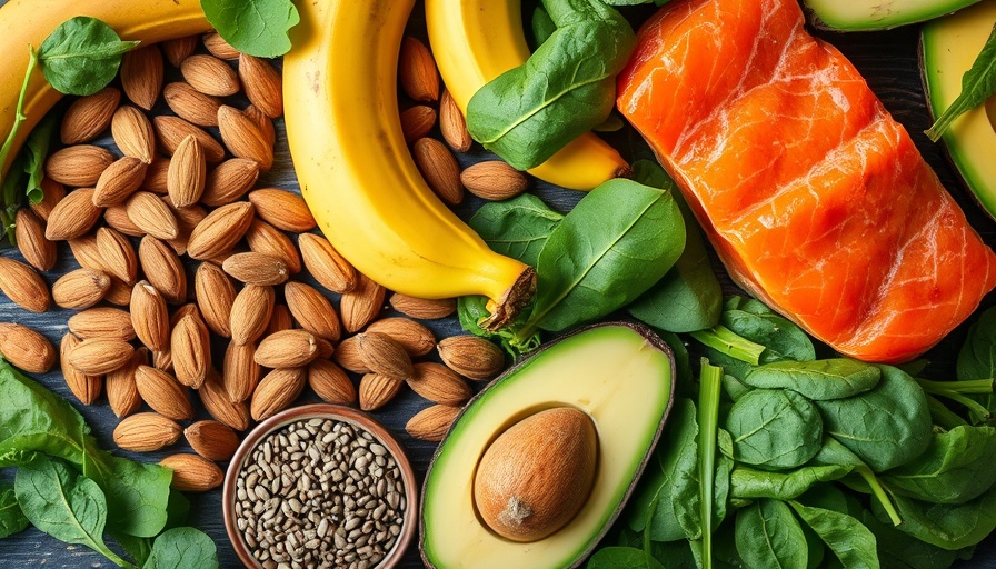Nutrient-rich foods high in magnesium displayed on a wooden surface.