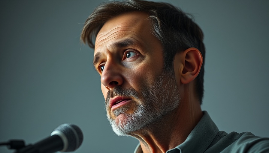 Thoughtful man discussing nutrition into microphone.