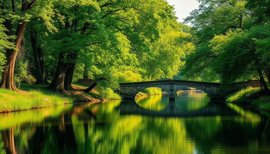 San Antonio serene river with stone bridge and lush trees.