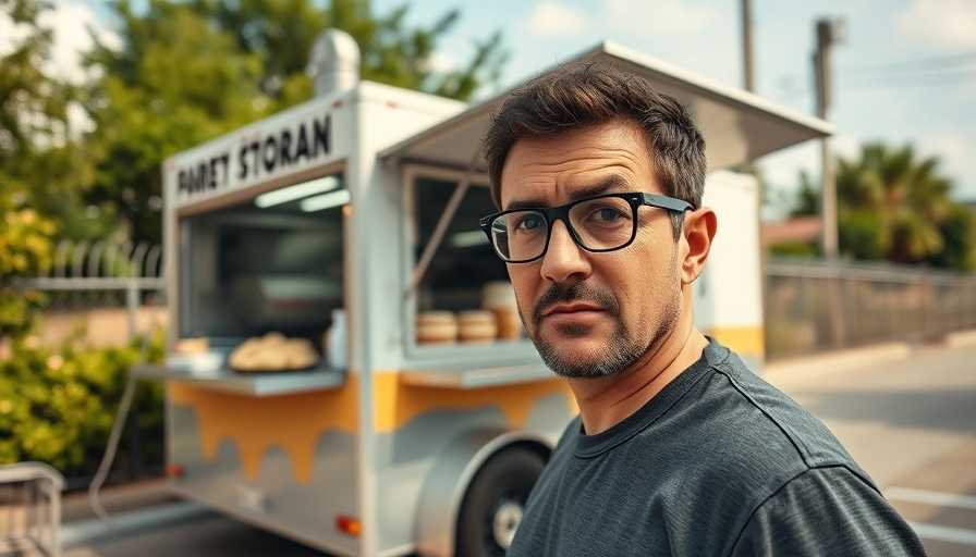 Houston food vendor by open trailer after theft incident.