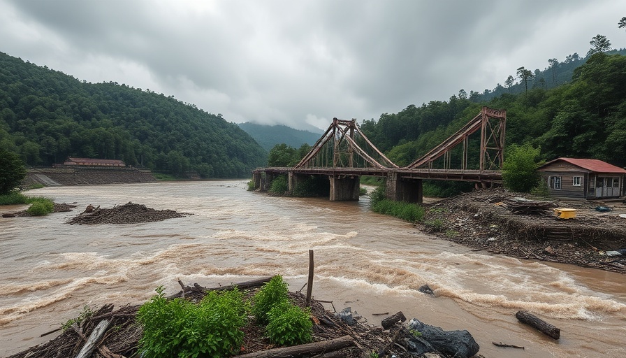 Wimberley flood recovery efforts amidst broken bridge and turbulent waters.