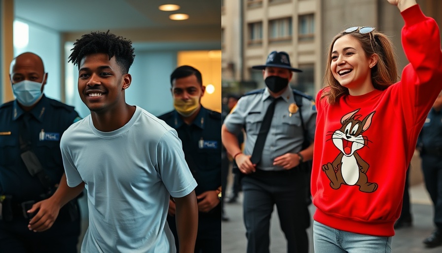Contrasting scenes of joyful woman, man arrested, inside and outside.