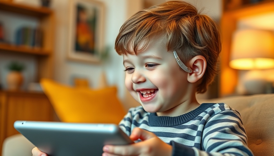 Child using advanced hearing solution in cozy home environment.