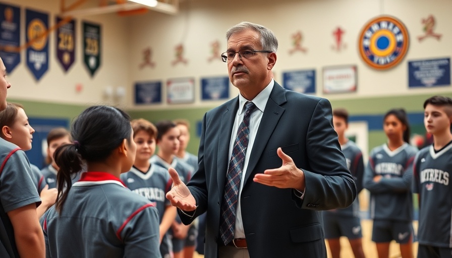 Plano ISD athletic director confidently speaking to school team in gym.