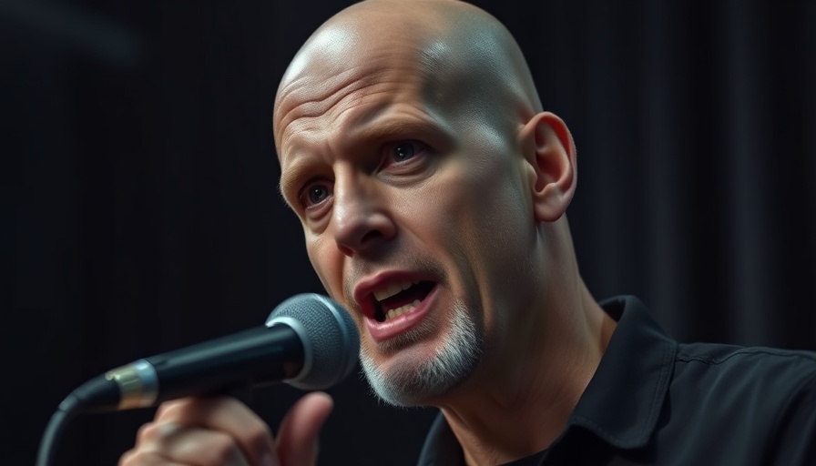 Bald man speaking about grip strength lifespan, indoor studio.