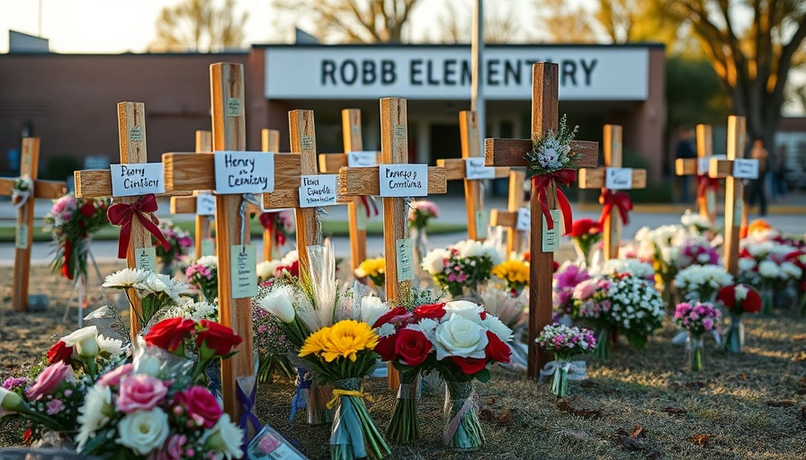 Uvalde memorial with crosses and flowers for Robb Elementary victims.