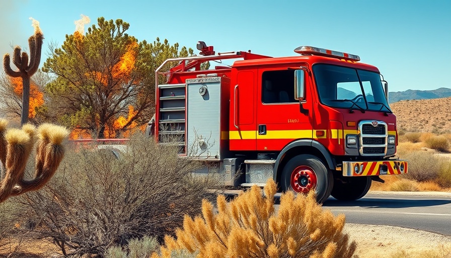 Cortaro Fire wildlife management scene with firetruck and wildfire.